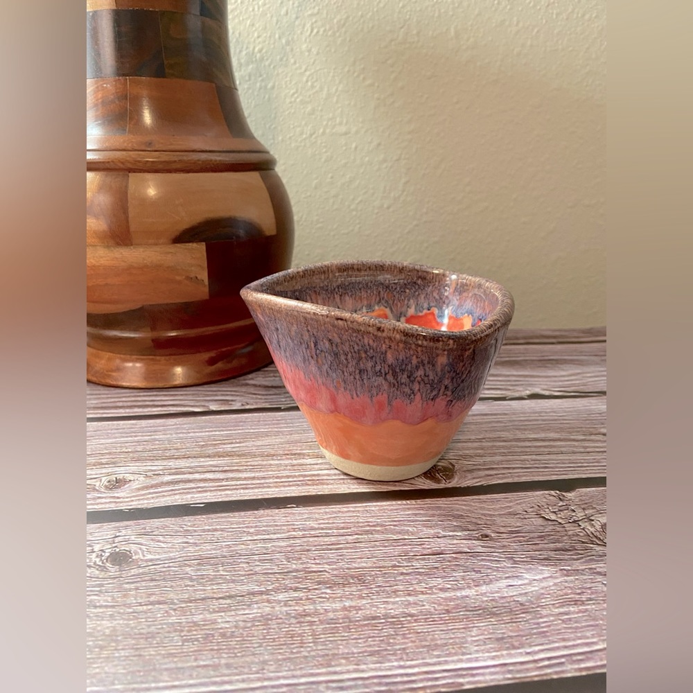 Happy Orange & Pink Handmade Ceramic Bowl with triangular lip signed LISA.